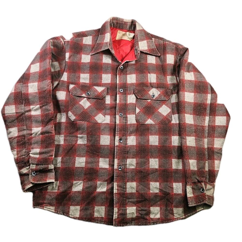 Vintage Woolrich Quilted Flannel Shirt Jacket Red Gray Plaid USA L 1970s